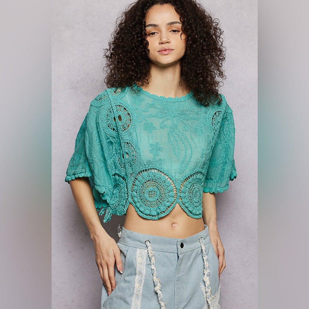 PT26 3 Left! New POL Teal Crochet Lace Top